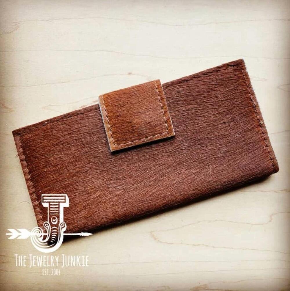NEW JEWELRY JUNKIE women's hair on hide with snap leather wallet in tan